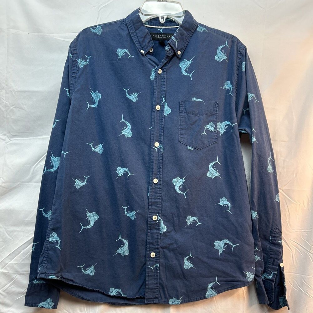 Aeropostale Men’s Medium Sailfish, Marlin, Fish, Button-Down Shirt, Blue Cotton